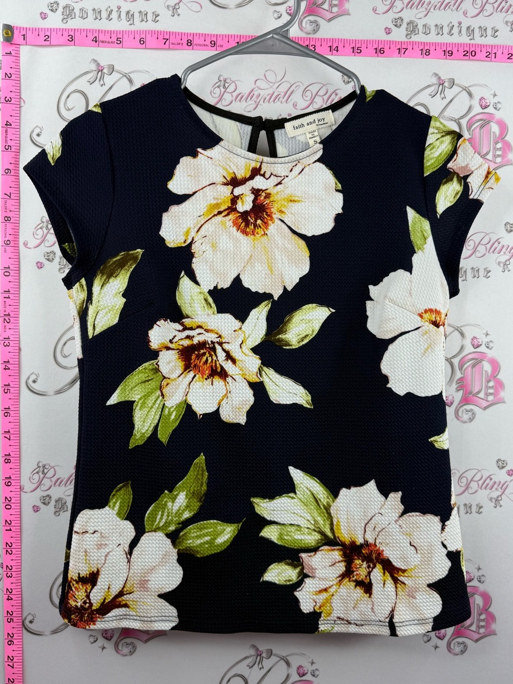Faith and Joy T-shirt flowers Navy Floral Cap-Sleeve Top